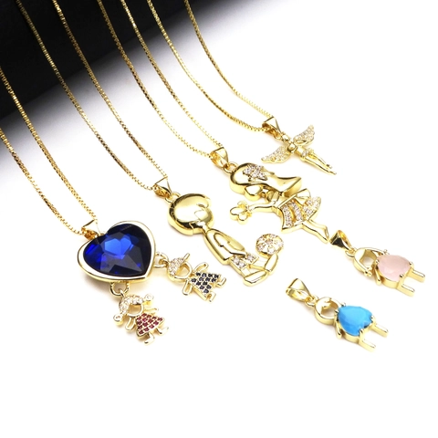 Gold Plated Copper Micro Pave Zirconia Cartoon Boy Girl Angel Pendant Necklace For Women Kids Individual Jewelry Gift