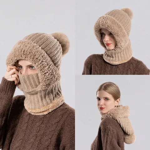 Passamontagna In Maglia Invernale Da Donna Con Fodera In Pelliccia Sintetica Cappello Antivento Caldo Sciarpa Con Cappuccio E Pompon