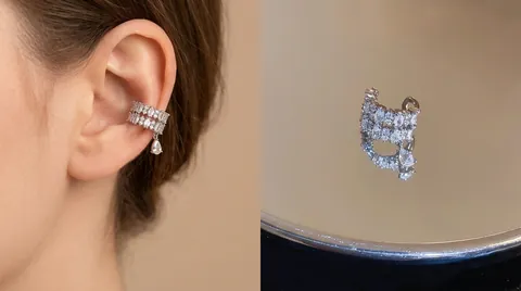 Ear Cuff Goccia D'Acqua Zircone Elegante Senza Buco Doppia Fila Micro Pavé Orecchini In Rame Per Donna