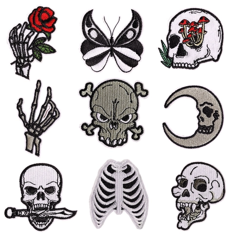 Skull Embroidery Patches Punk Gothic Skeleton Iron On Sew On Applique For Clothes Jackets Hats DIY Decoration