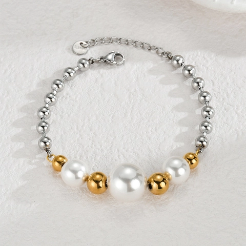 Roestvrijstalen Kralenketting Armband Met Kunstparel Goud Zilver Kleurblok Minimalistische Sieraden Voor Dames