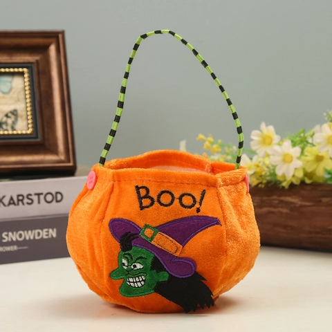 Halloween Candy Bag Plush Velvet Embroidery Pumpkin Ghost Witch Tote Trick Or Treat Party Favor Gift Bucket For Kids