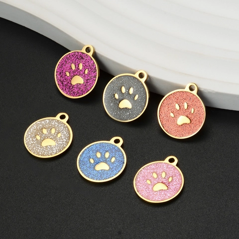 Stainless Steel Round Pet Paw Pendant Enamel Glitter Dog ID Tag DIY Jewelry Making Accessories