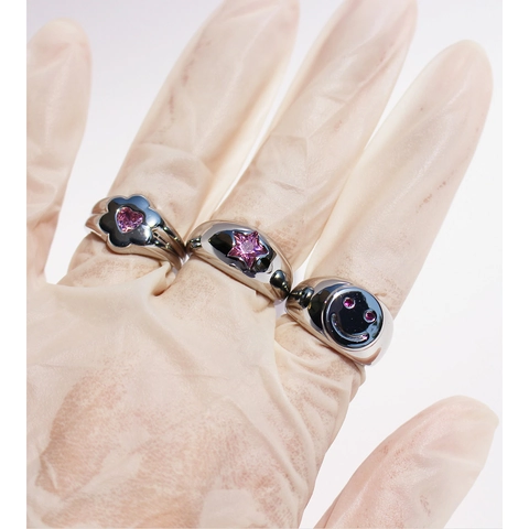 Anillo Ajustable Abierto de Latón con Circonia Rosa Estrella Cara Sonriente Corazón para Mujer Joyería Chapada Oro Plata