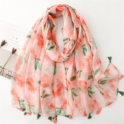 Frisse Zoete Perzik Print Sjaal Polyester Lichtgewicht Zonbescherming Reizen Wraps Met Kwastjes Voor Dames