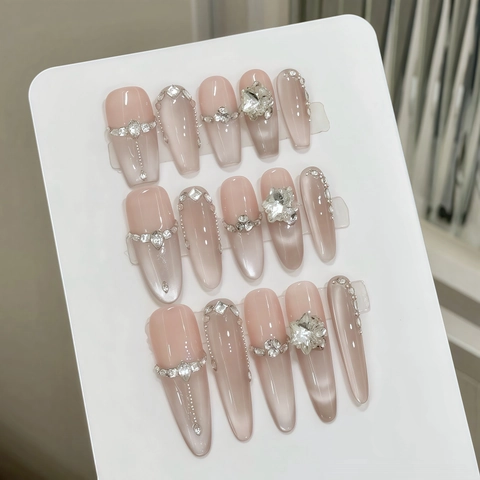 Handmade Press On Nails Cat Eye Magnetic Pink Gradient Rhinestone Artificial Pearl Decor Long Almond Coffin Shape For Women