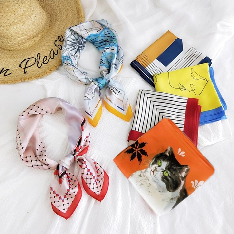 Foulard Quadrato Poliestere Satine Stampa Geometrica Floreale Gatto Elegante Leggero Per Donna Accessorio Da Ufficio