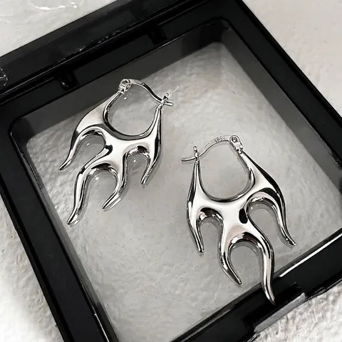 Flame Hoop Earrings Irregular Liquid Metal Punk Gothic Style Copper With 925 Sterling Silver Earring Post For Women