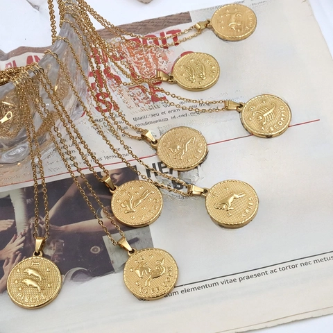 Zodiac Sign Coin Pendant Necklace 18K Gold Plated Stainless Steel Round Medallion Retro Vintage Style Jewelry