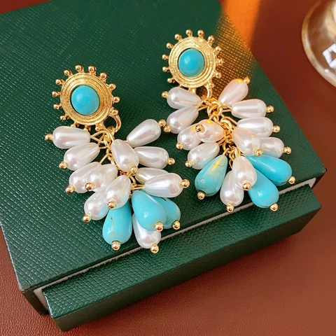 Orecchini Nappa Bohemia Vintage Goccia Acqua Perla Artificial Imitazione Turchese Sintetico Lega Placcata Oro Perno Argento
