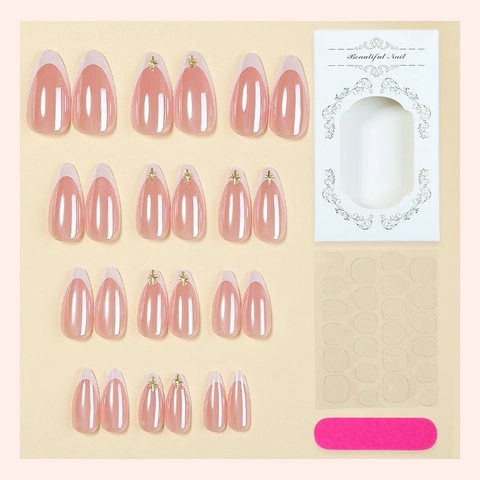Unghie Finte Francesi Mandorla Decorazione Stella Dorata Rosa Bianco Manicure Minimalista Per Donne
