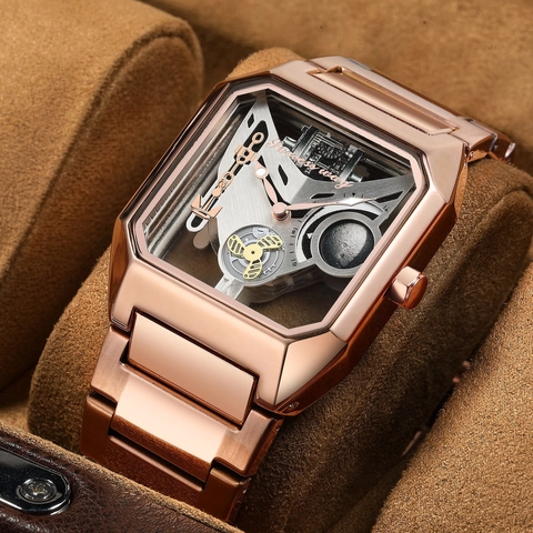 Men Quartz Watch Luxury Square Skeleton Hollow Design Industrial Steampunk Luminous Alloy Metal Link Strap Wristwatch