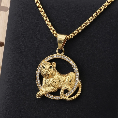 Hip Hop Tiger Anhänger Halskette Titanstahl Luxus Iced Out Rhinestone Tier Schmuck Für Männer