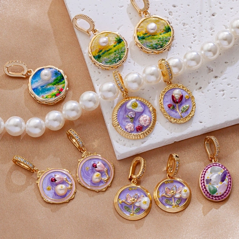 Ciondoli In Smalto Stile Pittura Ad Olio Vintage Fiori E Paesaggi Pendenti In Rame Placcato Oro DIY Con Perla Artificial Sintetica