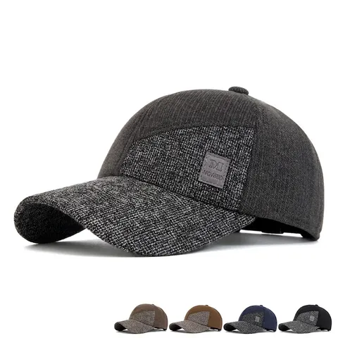 Baseball Cap Cotton Polyester Fleece Lined Warm Patchwork Ear Protection Casual Vintage Men Winter Hat
