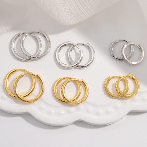 925 Sterling Silver Zirconia Inlaid Huggie Hoop Earrings For Women Minimalist Fashion Small Round Geometric Silver Jewelry