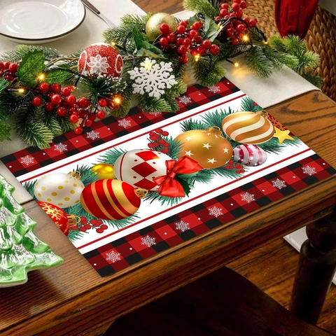Christmas Placemat Polyester Heat Resistant Table Mat Red Black Plaid Snowflake Ball Print Holiday Winter Dining Decor