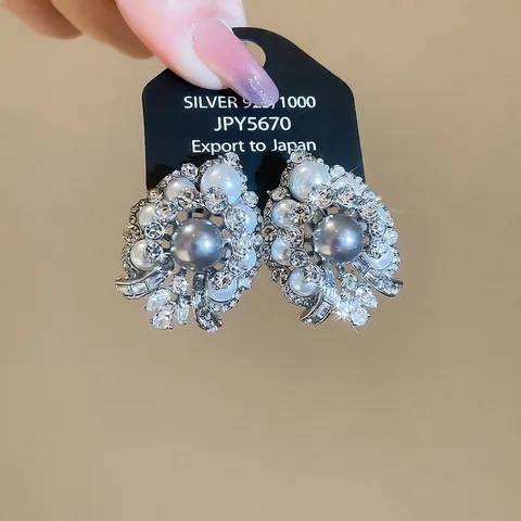 Pendientes De Perlas Artificiales Vintage Con Poste De Plata De Ley 925 Rhinestone Francés Elegante Racimo De Flores Joyas Para Mujeres
