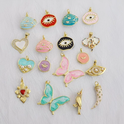 Ciondoli Smalto Farfalla Cuore Malocchio Oro 18K Placcato Rame Zircone Pendenti Per DIY Gioielli Collana Braccialetto