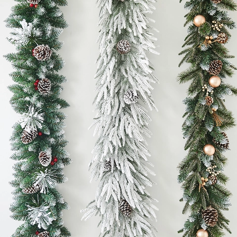 Weihnachtsguirlande Künstliche Kiefer Rattan Mit Schnee Beflockt Kiefernzapfen Beeren LED-Lichter Für Zuhause Tür Kamin Dekoration