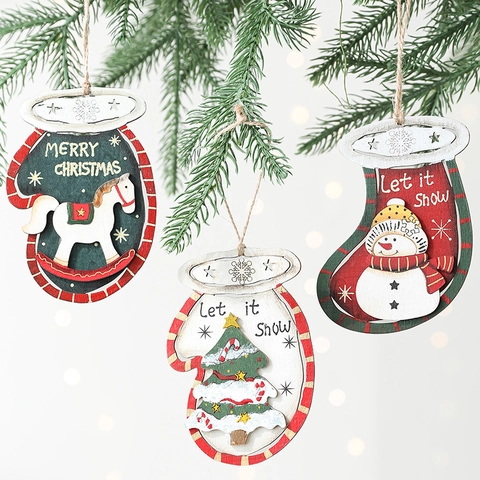 Christmas Tree Ornaments Wooden Glove Stocking Pendants Rustic Painted Snowman Reindeer Hanging Holiday Decorations For Home