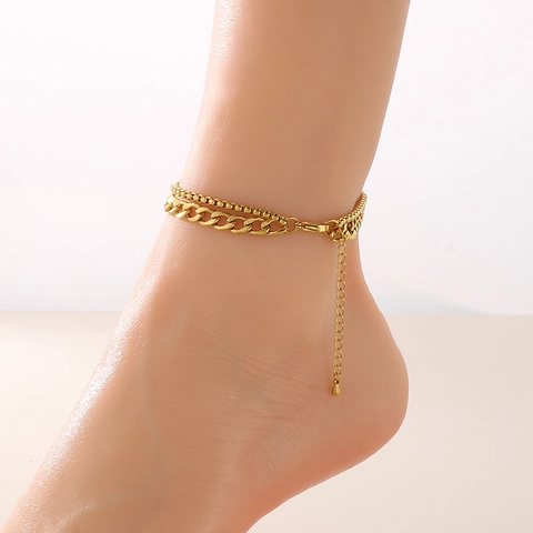 Double Layer Anklet Stainless Steel Cuban Box Chain Adjustable Summer Beach Foot Jewelry For Women