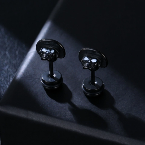Skull Stud Earrings With Straw Hat 316L Stainless Steel Punk Hip Hop Jewelry For Men Unisex