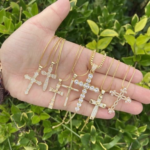 18K Gold Plated Copper Cross Pendant Necklace With Micro-Set Zircon Hip Hop Fashion Jewelry