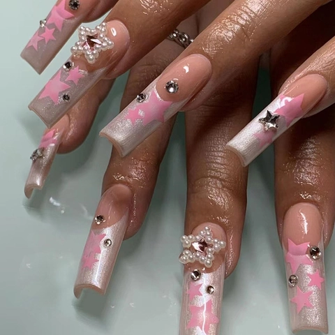 Unghie Finte Lunghe Ballerina Sfumate Rosa Motivo Stelle Con Künstliche Perle 3D E Strass Stile Francese Y2K