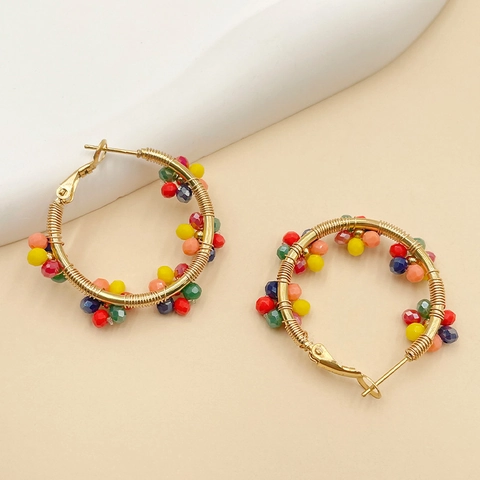 Boucles d'Oreilles Créoles en Cristal Fait Main Acier Inoxydable Perles Floral Cercle Boucles d'Oreilles pour Femmes Bijoux