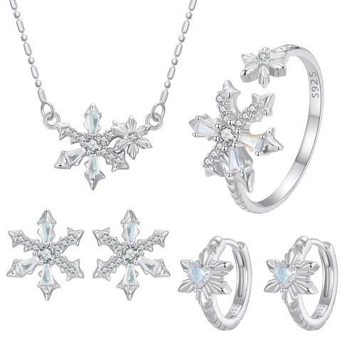 925 Sterlingsilber Schneeflocke Schmuckkollektion Zirkonia Ohrringe Und Verstellbarer Ring Und Halskette Für Damen Winter Geschenk