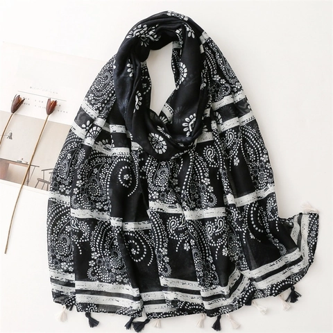 Châle Écharpe Pour Femmes Imprimé Paisley Voile De Polyester Vintage Bohème Léger Protection Solaire De Plage Avec Franges
