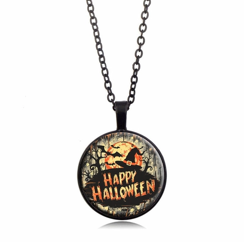 Collana Halloween Cabochon Vetro Pendente Cappello Strega Pipistrello Luna Catena Lega Nera Gioielli Gotici
