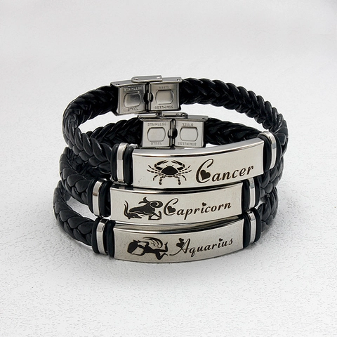 Zodiac Sign Braided Leather Bracelet Stainless Steel Engraved Constellation Jewelry For Men And Couples