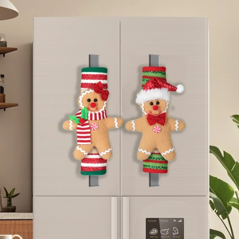 Christmas Gingerbread Man Refrigerator Handle Covers Polyester Cloth Sequins Appliance Door Handle Protectors Holiday Kitchen Decor