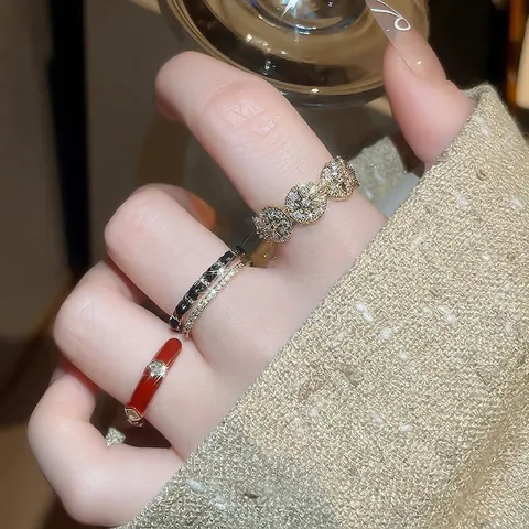 Vintage Kupfer Verstellbarer Ring 14k Vergoldet Zirkon Geometrisch Emaille Offenes Band Schmuck Damen