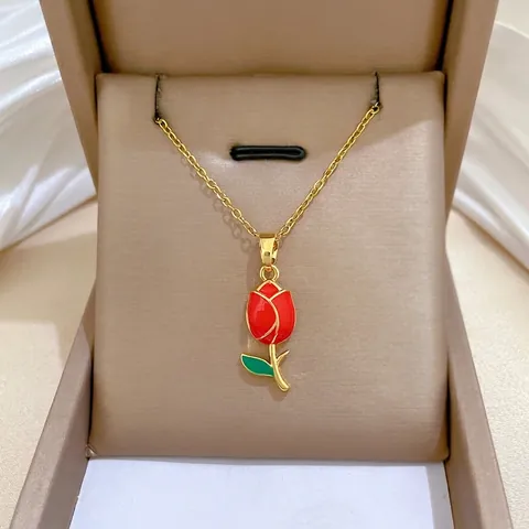 Red Tulip Flower Pendant Necklace Stainless Steel Chain Copper Enamel Rose Bud Minimalist Elegant Jewelry For Women