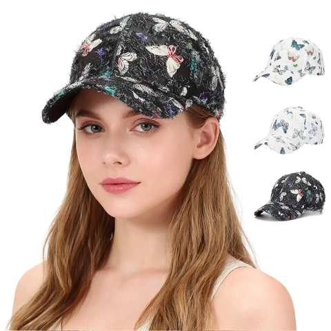 Casquette De Baseball Imprimé Papillon Bord Effiloché Chapeau De Soleil Streetwear Y2K Rétro Réglable Pour Femmes