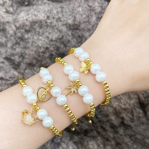 Gold Plated Copper Beaded Bracelet With Artificial Pearl Virgin Mary Crown Palm Tree Butterfly Pendant Zirconia Adjustable Jewelry For Women