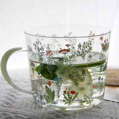 Mug En Verre Borosilicate Résistant À La Chaleur Avec Poignée Et Graduation Motif Lapin Fleur Adapté Au Micro-ondes