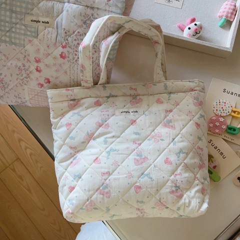Sac À Main Matelassé Floral Coton Rembourré Style Doux Frais Fourre-Tout Pour Femmes Quotidien Petit Sac En Tissu Bento