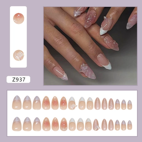 Faux Ongles 3D Papillon Dégradé Français Rose Künstliche Perle Strass Forme Amande Élégant Doux Fait À La Main