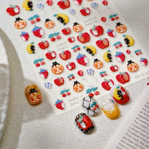 Autocollants De Nail Art Gaufrés 5D Dessin Animé Chat Fruit Pomme Fraise Design Puffy Auto-adhésifs Pour Manucure