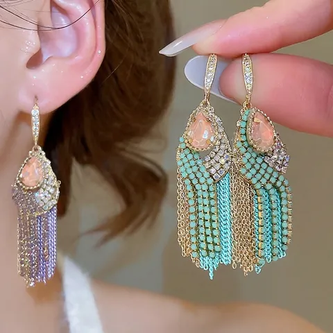 Orecchini Pendenti Boho Rame Zircone Goccia D'Acqua Lunghe Frange Catena Multistrato Stile Etnico Per Donna