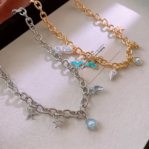 Ocean Theme Fish Tail Shell Starfish Pendant Necklace Alloy Imitation Artificial Pearl Rhinestone Chunky Chain Summer Beach Jewelry