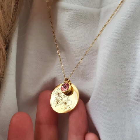Collana Con Fiore Del Mese Di Nascita Per Donna Acciaio Inossidabile Placcato Oro 18K Ciondolo Floreale Rotondo Con Zircone