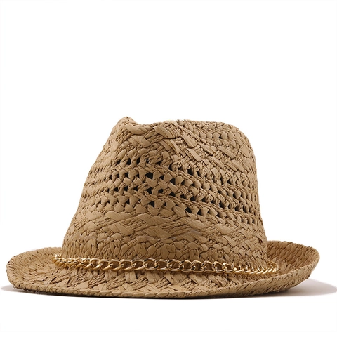 Cappello Fedora Carta Di Paglia Intrecciata Protezione Solare Vacanze Al Mare Catena In Metallo Traspirante Unisex