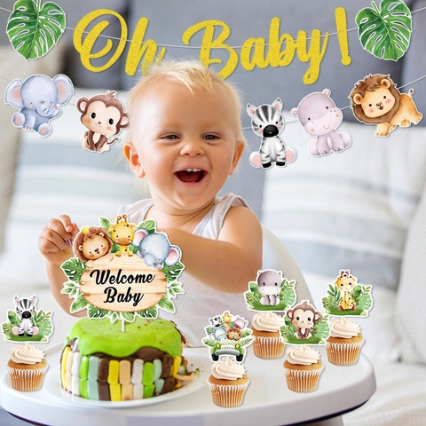Decorazione Festa Animali Giungla Banner Cake Topper Per Baby Shower Compleanno Foresta Cartone Animato Carta