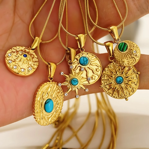 Böser Blick Sonne Stern Anhänger Halskette 304 Edelstahl 18K Vergoldet Türkis Schlangenkette Böhmisch Vintage Damen