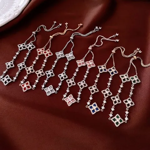 Hollow Out Four Leaf Clover Adjustable Bracelet Copper With Zircon And Mother Of Artificial Pearl Elegant Jewelry For Women